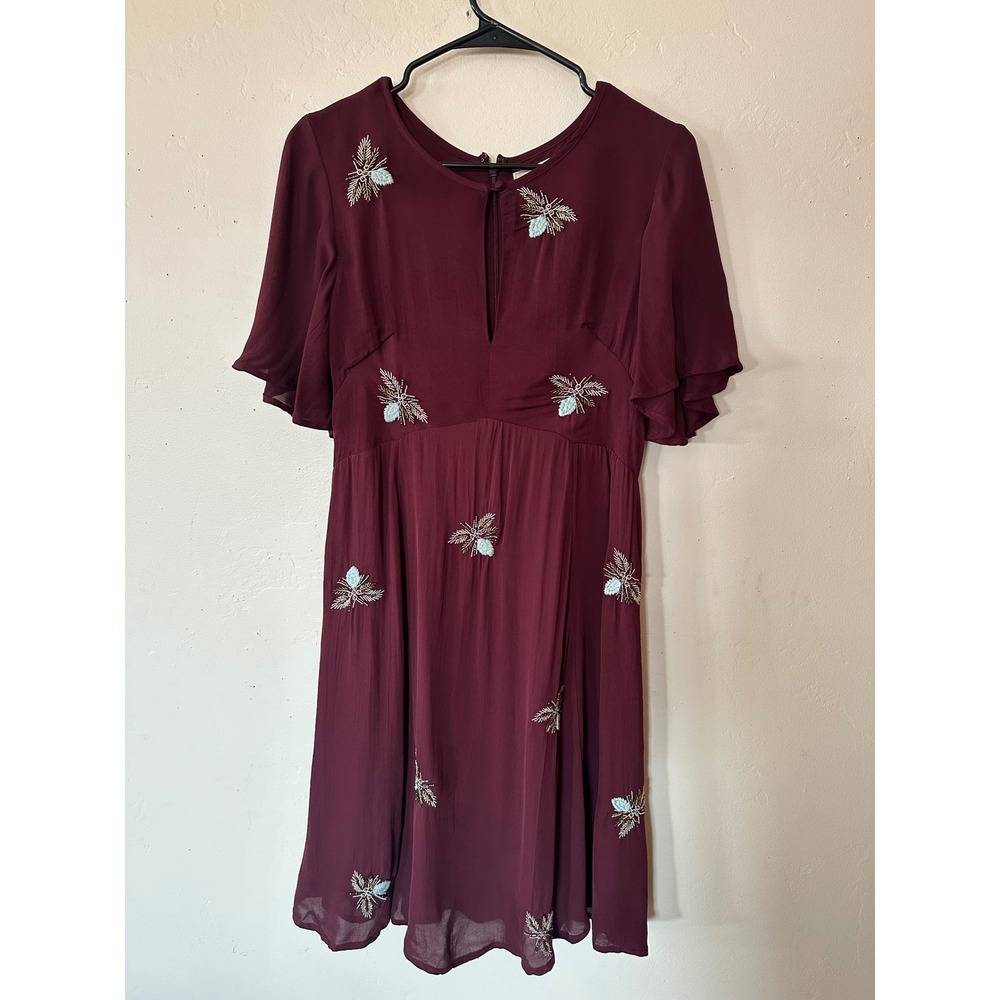 Anthropologie Moulinette Soeurs Beaded Firefly Bug Silk Dress Burgundy Size 6
